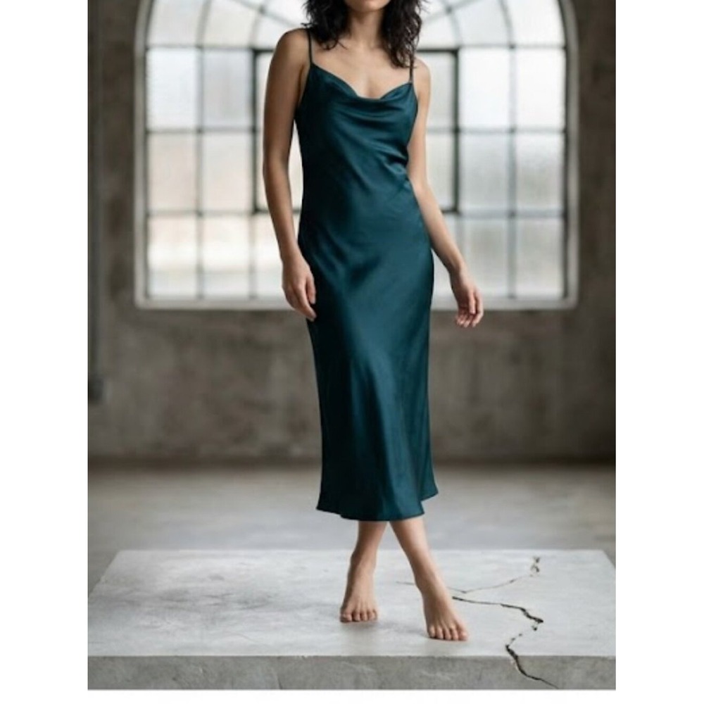 Emerald Green Satin Cowl Neck Midi Slip Dress Adjustable Straps Back Zip